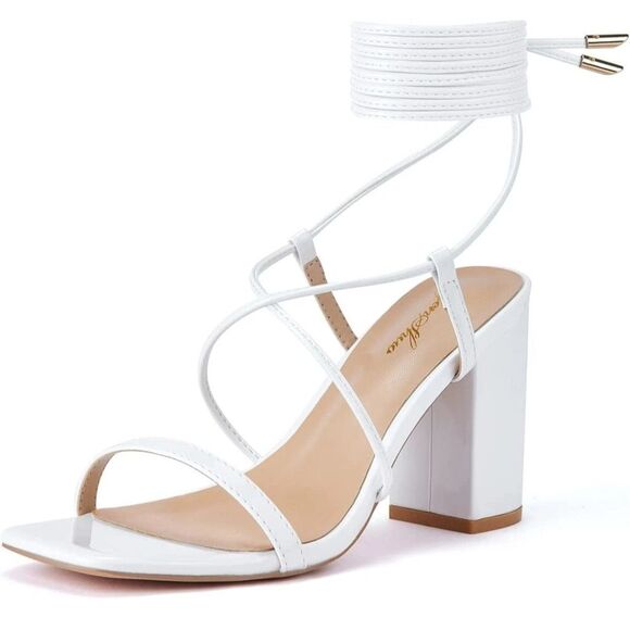 GENSHUO Women's White Strappy Square Toe Lace-Up High Heel Sandals Size 9 - Picture 1 of 8